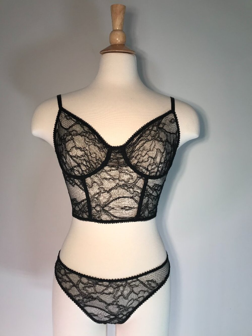Vintage Kiki Ingenue Black Lace Corselette Bra and Panty set